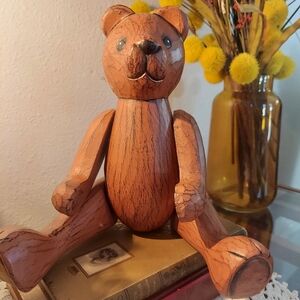 Wood Jointed Teddy Bear Vintage 12" Tall Hand Carved Movable parts Baby Nursery